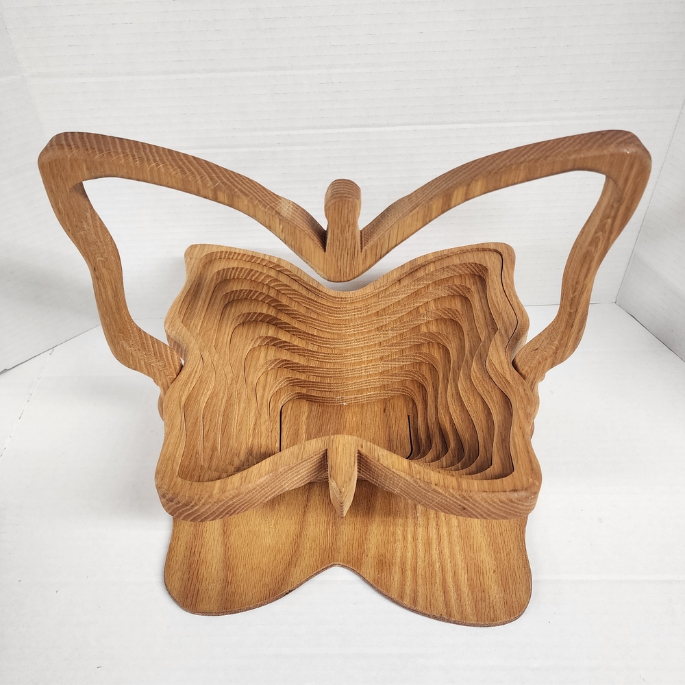 Large Unique Vintage Handcrafted Collapsible Carved Wood Butterfly Basket